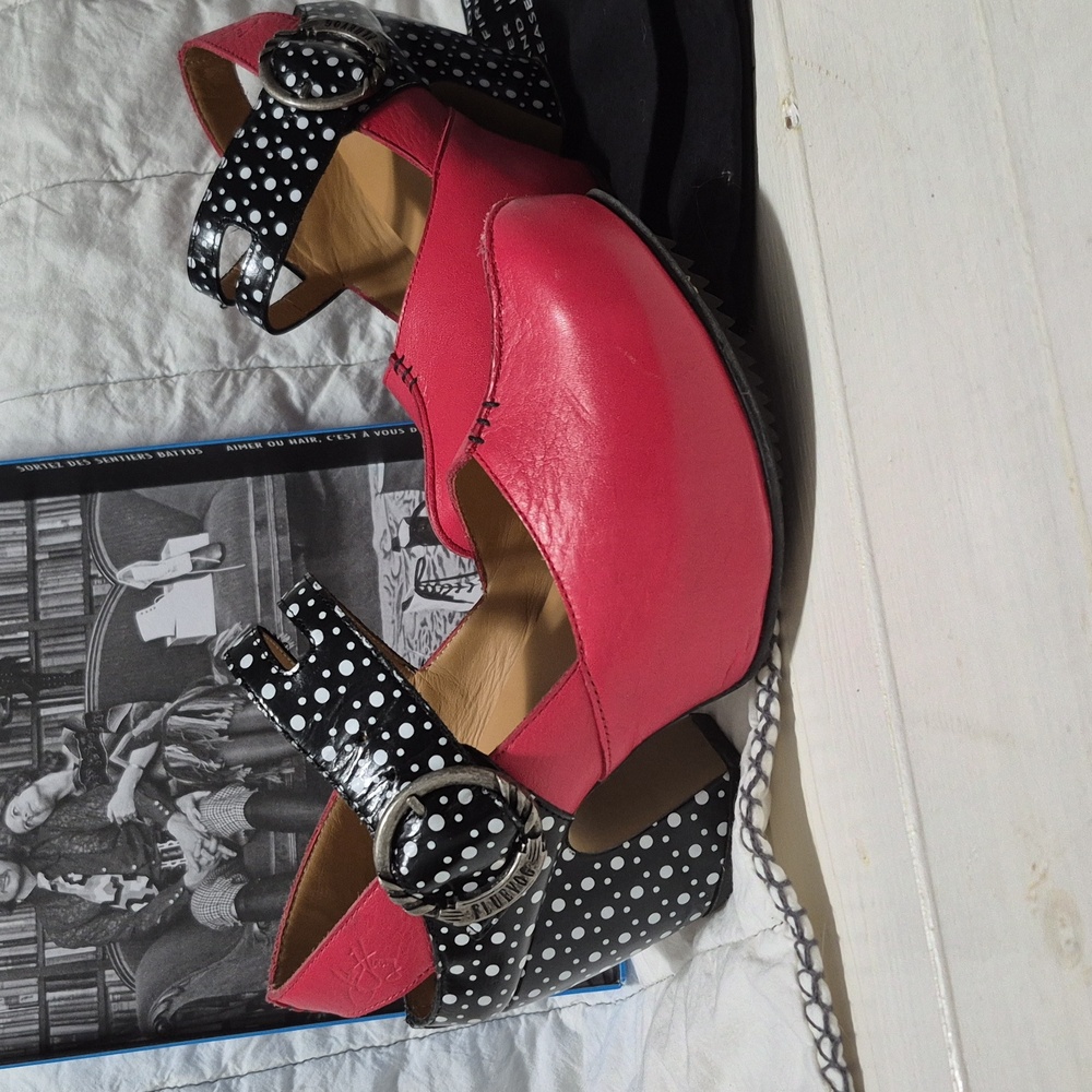 John Fluevog Prepares 6.5 Pink/Red and Black Polka Dot Mules
